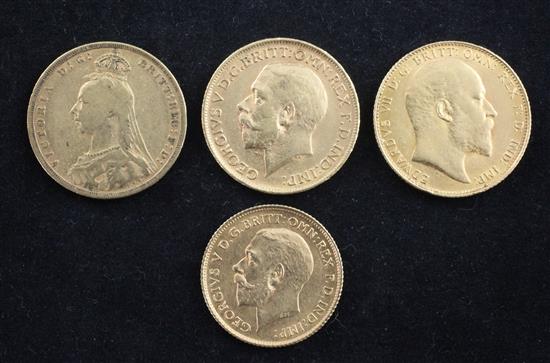 Three late 19th/early 20th century gold full sovereigns, 1892, 1906 & 1912 and a 1914 gold half sovereign.